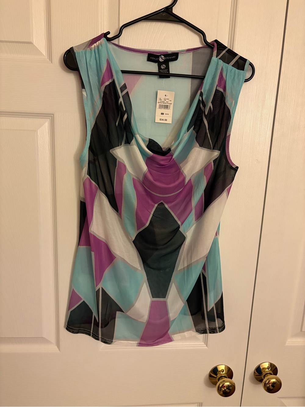 Ashley Stewart Aqua, Purple & Black Geometric Cowl Neck Tank -New- 1X
